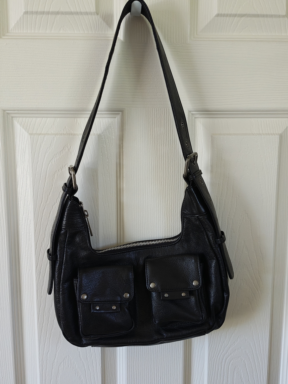 Black Leather Shoulder Bag with Front Pockets